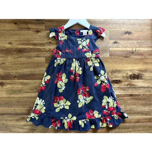 Janie & Jack Navy Blue Red Strawberry Sweet Short Sleeve Cotton Ruffle Dress 2T - Picture 2 of 8